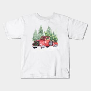 Christmas red truck with Chistmas tree Kids T-Shirt